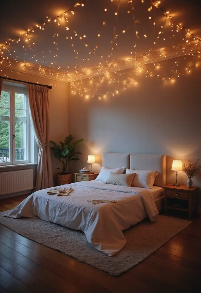 25 Cozy Bedroom Lighting Ideas That Set the Perfect Mood - 25. Ambient Fairy Ceiling Lights