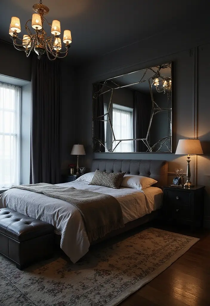 25 Dark Furniture Bedroom Ideas That Feel Rich and Dramatic - 11. Mirrored Accents