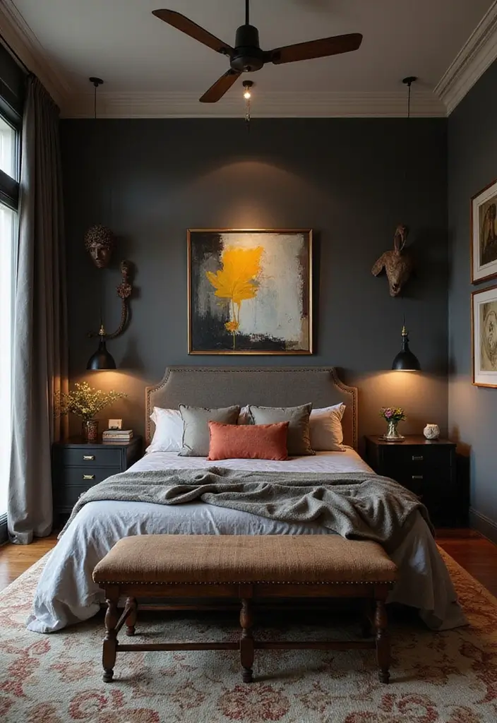 25 Dark Furniture Bedroom Ideas That Feel Rich and Dramatic - 12. Artistic Wall Decor