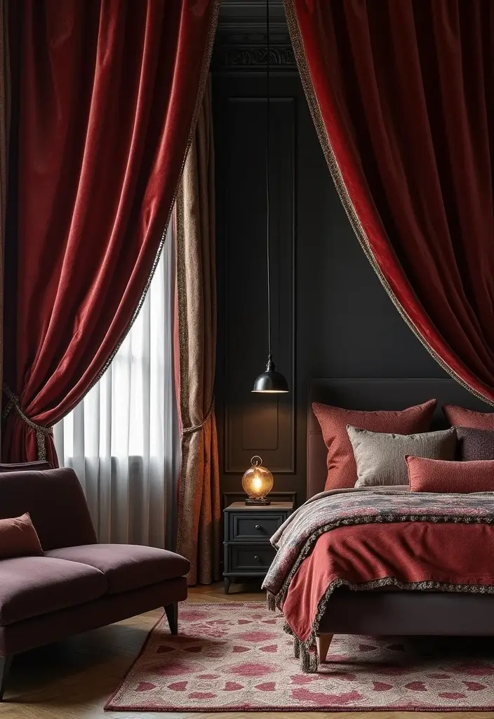 25 Dark Furniture Bedroom Ideas That Feel Rich and Dramatic - 14. Luxurious Curtains