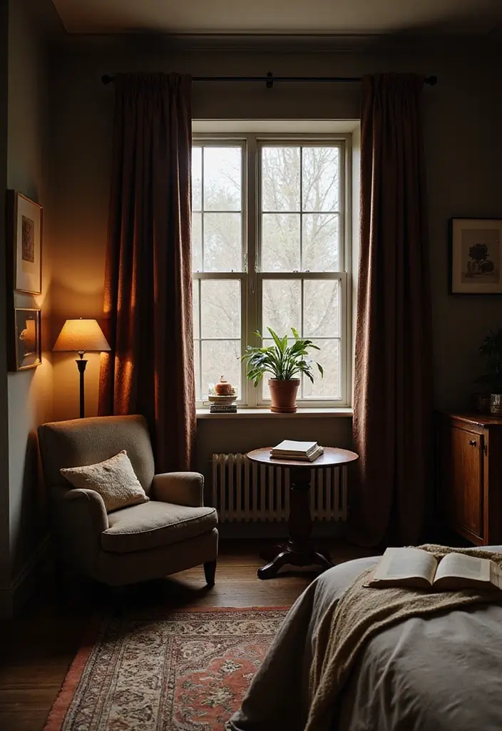 25 Dark Furniture Bedroom Ideas That Feel Rich and Dramatic - 15. Cozy Reading Nook