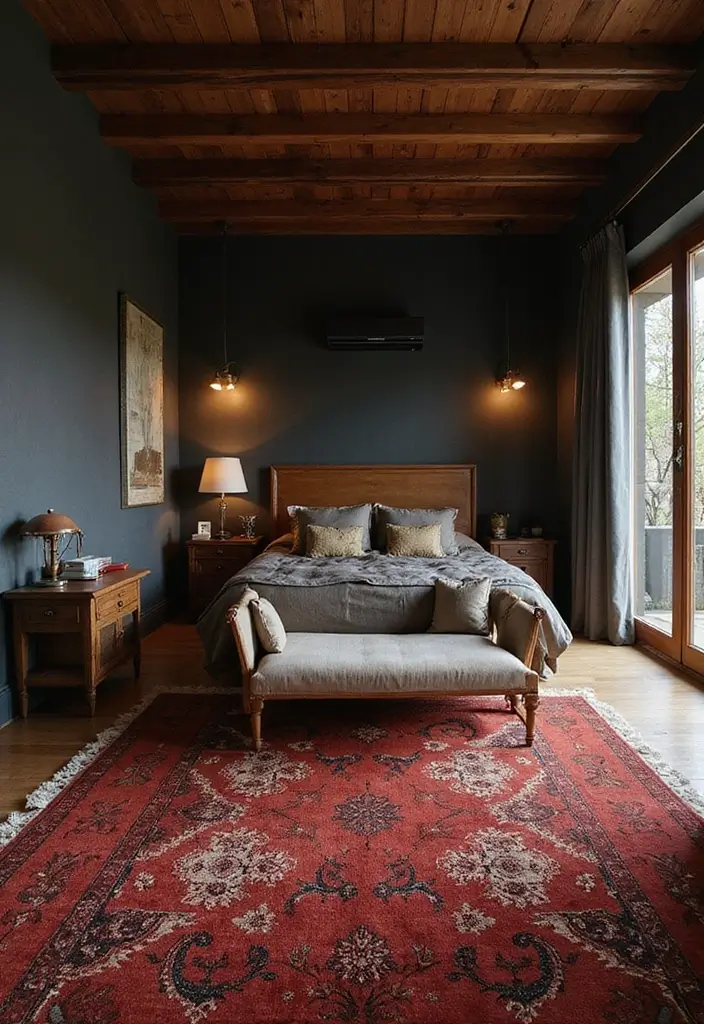 25 Dark Furniture Bedroom Ideas That Feel Rich and Dramatic - 16. Richly Colored Rugs