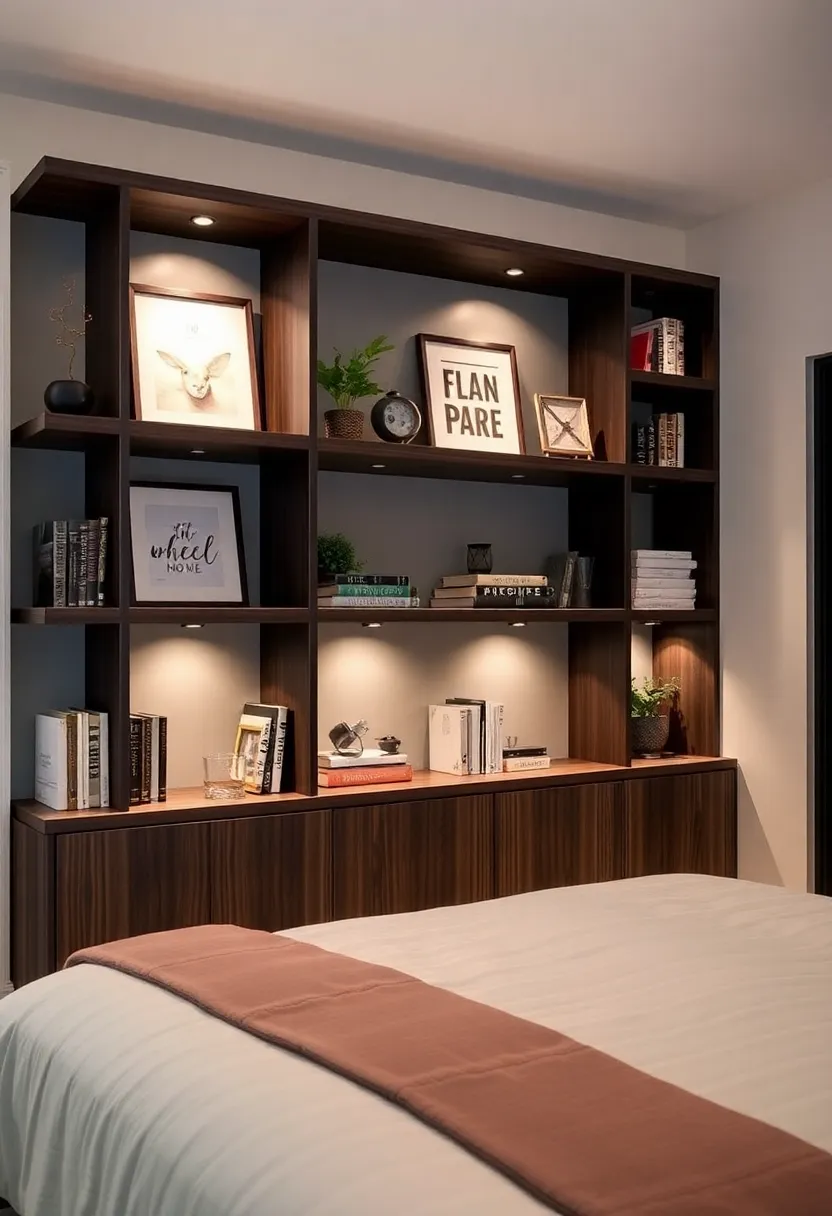 25 Dark Furniture Bedroom Ideas That Feel Rich and Dramatic - 18. Open Shelving