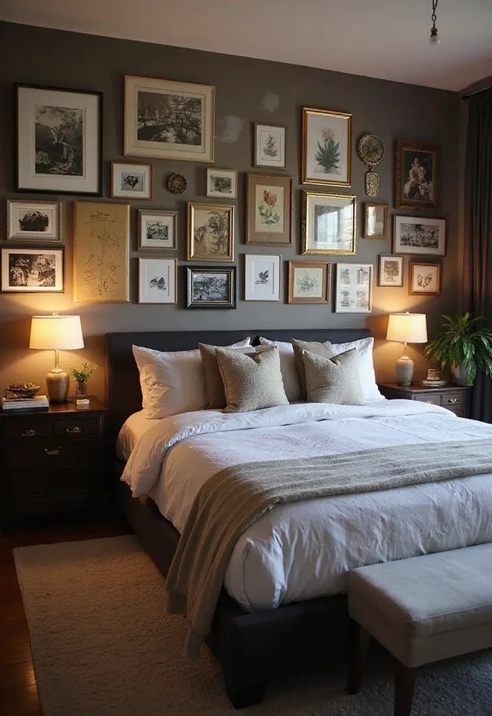 25 Dark Furniture Bedroom Ideas That Feel Rich and Dramatic - 21. Personalized Gallery Walls