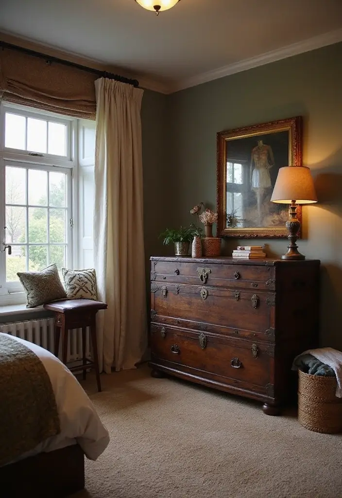 25 Dark Furniture Bedroom Ideas That Feel Rich and Dramatic - 23. Vintage Trunks as Storage
