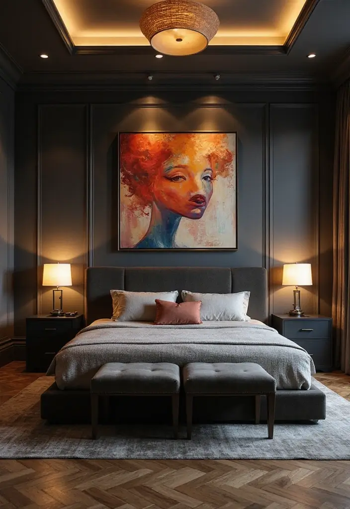 25 Dark Furniture Bedroom Ideas That Feel Rich and Dramatic - 25. Bold Artwork
