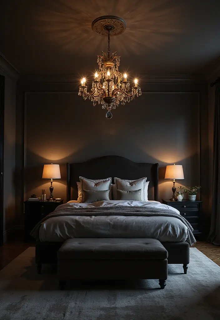 25 Dark Furniture Bedroom Ideas That Feel Rich and Dramatic - 4. Statement Lighting Fixtures