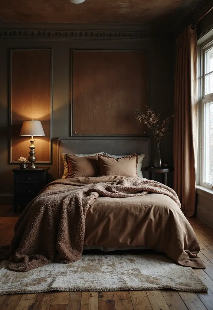 25 Dark Furniture Bedroom Ideas That Feel Rich and Dramatic - 6. Layered Textures