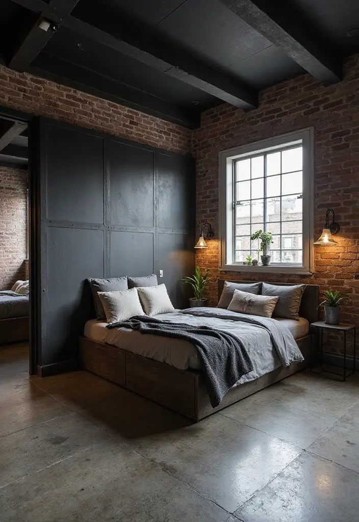25 Dark Furniture Bedroom Ideas That Feel Rich and Dramatic - 9. Industrial Touches