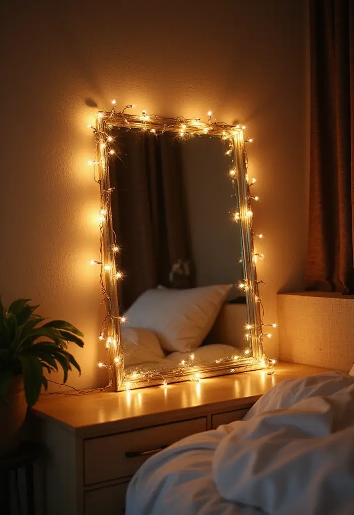 25 Fairy Lights Bedroom Ideas That Feel Dreamy and Magical - 10. Fairy Lights Around the Mirror