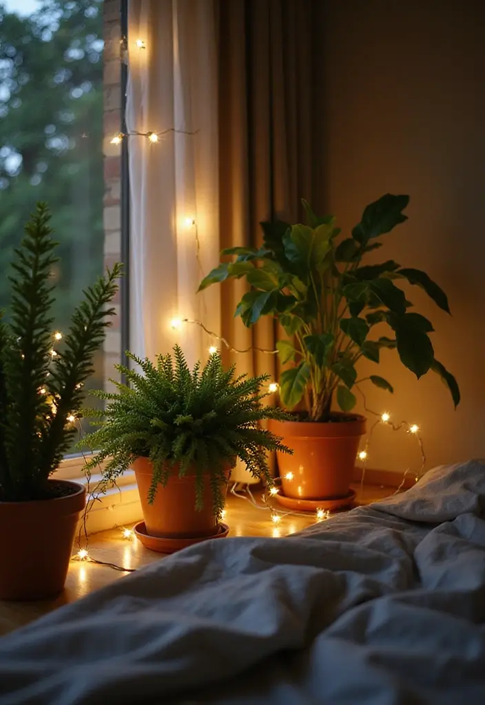 25 Fairy Lights Bedroom Ideas That Feel Dreamy and Magical - 12. Fairy Lights in Plants