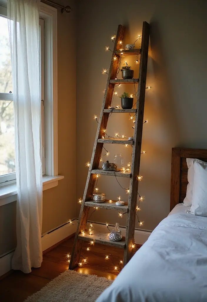 25 Fairy Lights Bedroom Ideas That Feel Dreamy and Magical - 15. Vintage Ladder Display