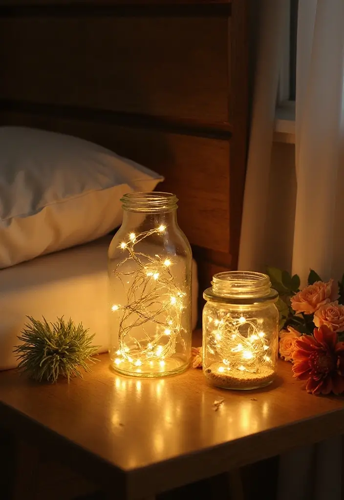 25 Fairy Lights Bedroom Ideas That Feel Dreamy and Magical - 19. Bedside Light Jars