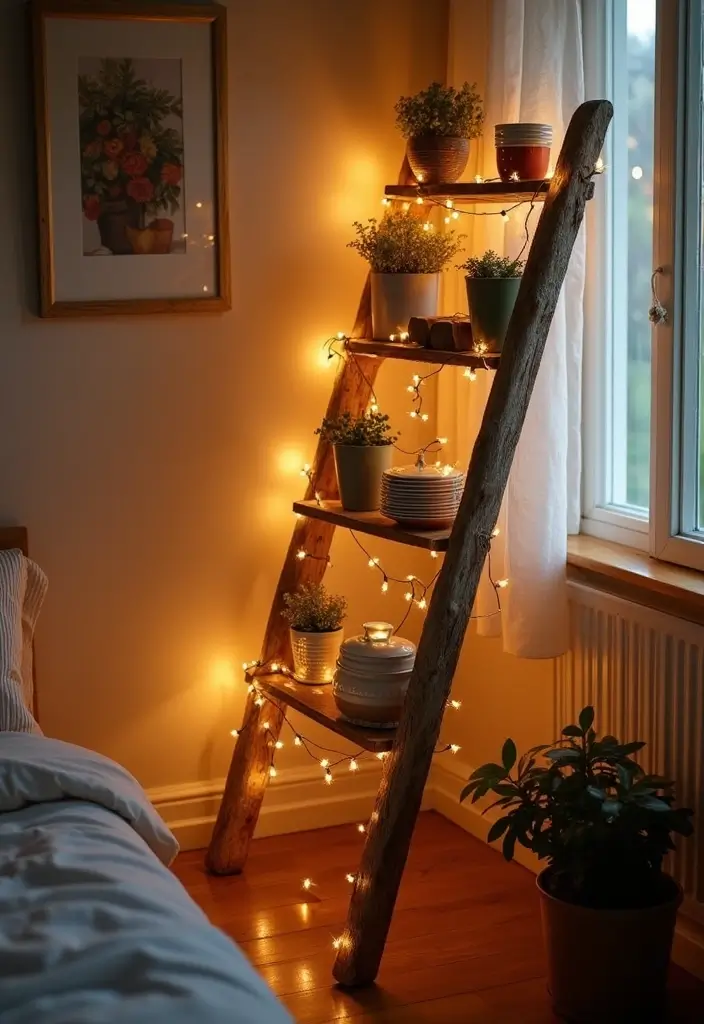 25 Fairy Lights Bedroom Ideas That Feel Dreamy and Magical - 22. Fairy Light Ladder Decor