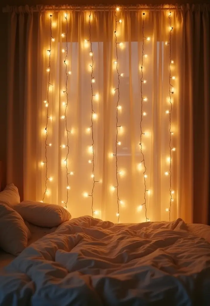 25 Fairy Lights Bedroom Ideas That Feel Dreamy and Magical - 7. Twinkling Curtain Backdrop