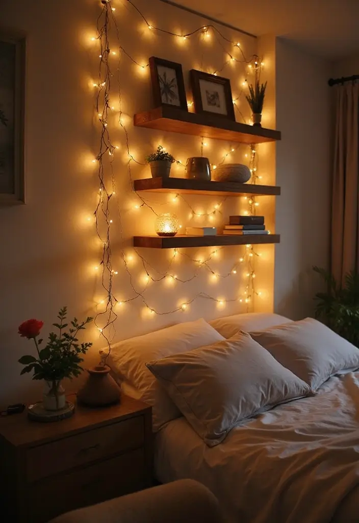25 Fairy Lights Bedroom Ideas That Feel Dreamy and Magical - 9. Floating Shelves with Lights