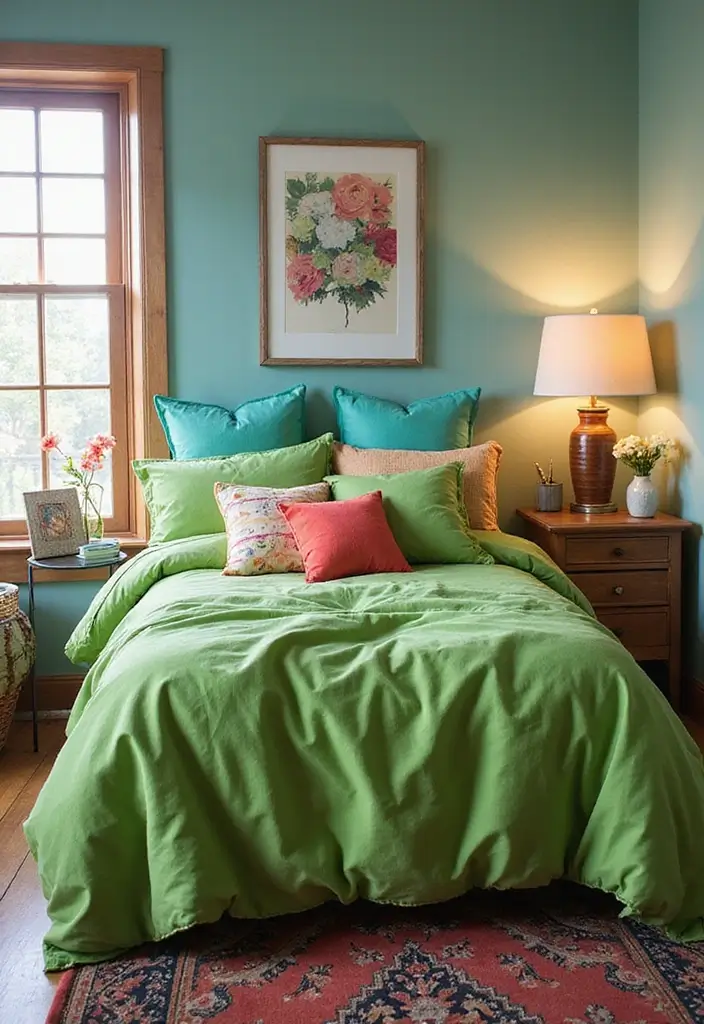 25 Green Comforter Bedroom Ideas That Feel Peaceful & Cozy 11 25 Green Comforter Bedroom Ideas That Feel Peaceful & Cozy - 10. Green with a Splash of Color
