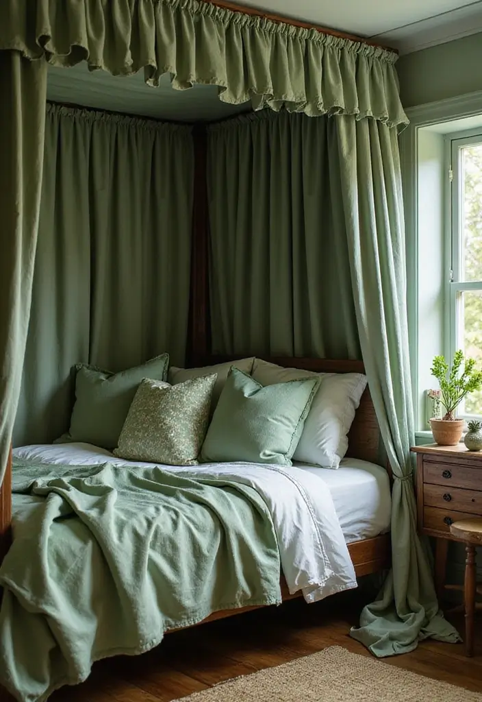 25 Green Comforter Bedroom Ideas That Feel Peaceful & Cozy 14 25 Green Comforter Bedroom Ideas That Feel Peaceful & Cozy - 13. Cozy Canopy