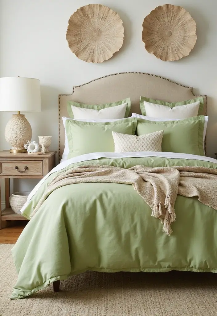 25 Green Comforter Bedroom Ideas That Feel Peaceful & Cozy 16 25 Green Comforter Bedroom Ideas That Feel Peaceful & Cozy - 15. Coastal Vibes