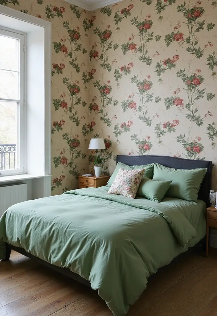 25 Green Comforter Bedroom Ideas That Feel Peaceful & Cozy 18 25 Green Comforter Bedroom Ideas That Feel Peaceful & Cozy - 17. Vintage Botanical Wallpaper