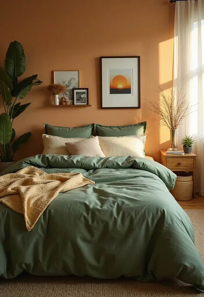 25 Green Comforter Bedroom Ideas That Feel Peaceful & Cozy 20 25 Green Comforter Bedroom Ideas That Feel Peaceful & Cozy - 19. Sunset-Inspired Greens