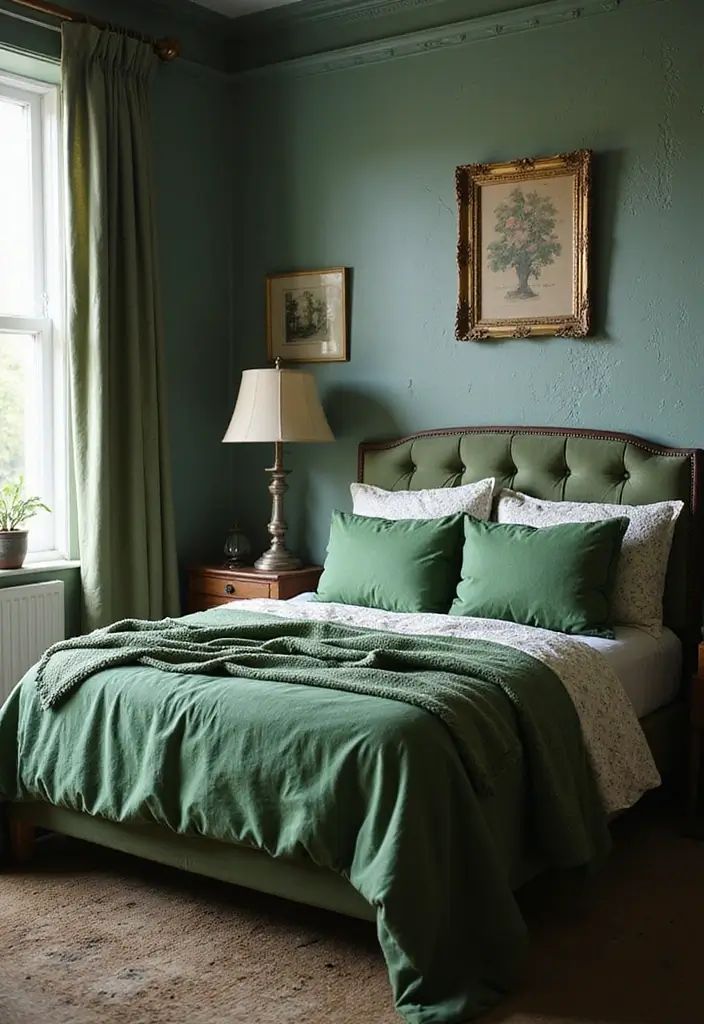25 Green Comforter Bedroom Ideas That Feel Peaceful & Cozy 22 25 Green Comforter Bedroom Ideas That Feel Peaceful & Cozy - 21. Vintage Green Accents