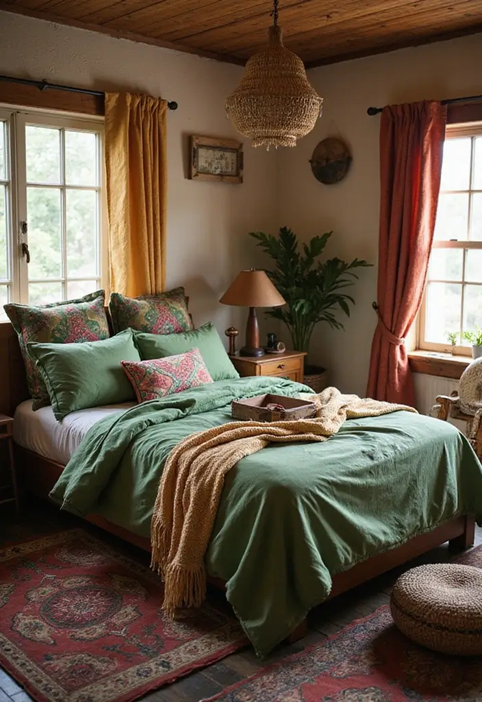 25 Green Comforter Bedroom Ideas That Feel Peaceful & Cozy 23 25 Green Comforter Bedroom Ideas That Feel Peaceful & Cozy - 22. Bohemian Green
