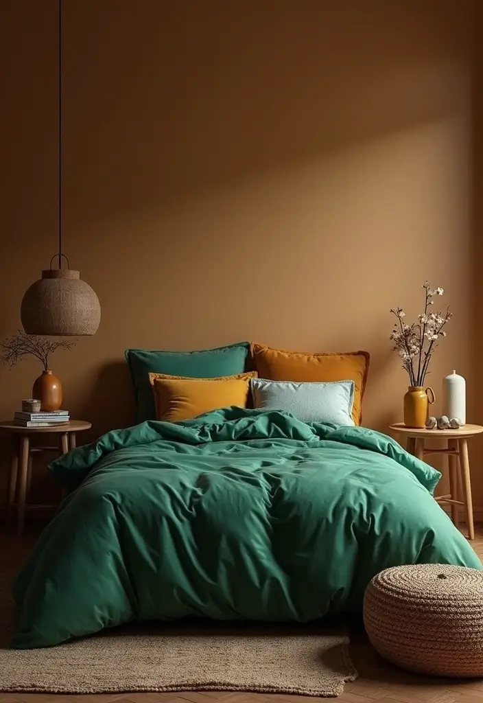 25 Green Comforter Bedroom Ideas That Feel Peaceful & Cozy 24 25 Green Comforter Bedroom Ideas That Feel Peaceful & Cozy - 23. Warm Tones with Green