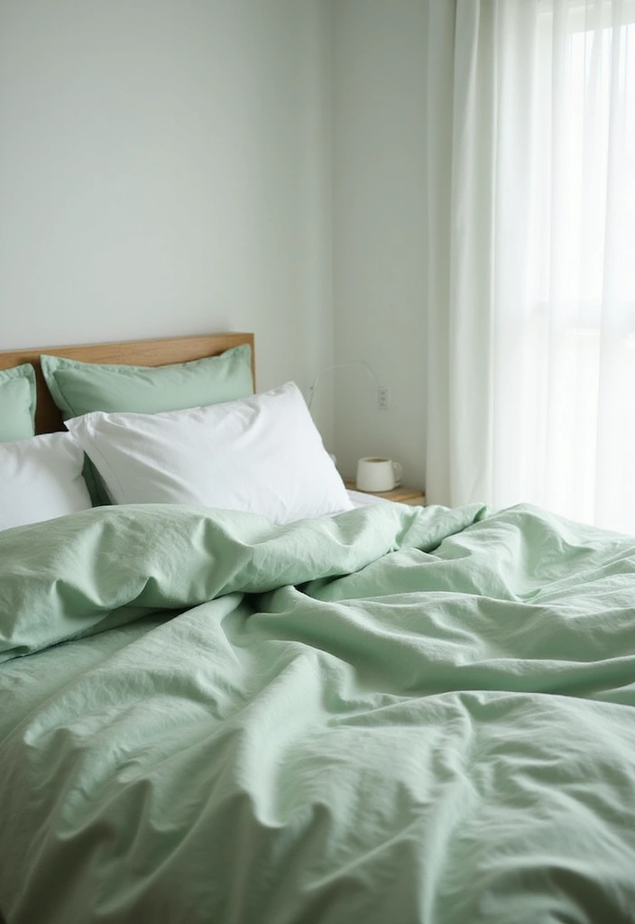 25 Green Comforter Bedroom Ideas That Feel Peaceful & Cozy 25 25 Green Comforter Bedroom Ideas That Feel Peaceful & Cozy - 24. Soft Green and White