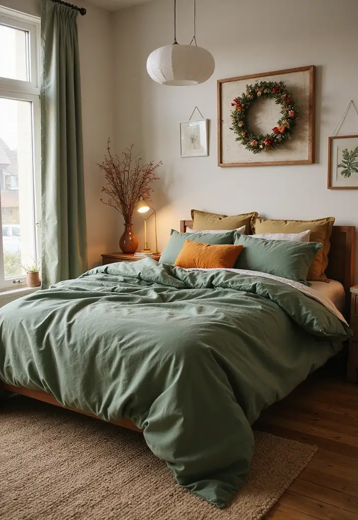 25 Green Comforter Bedroom Ideas That Feel Peaceful & Cozy 26 25 Green Comforter Bedroom Ideas That Feel Peaceful & Cozy - 25. Seasonal Green Decor