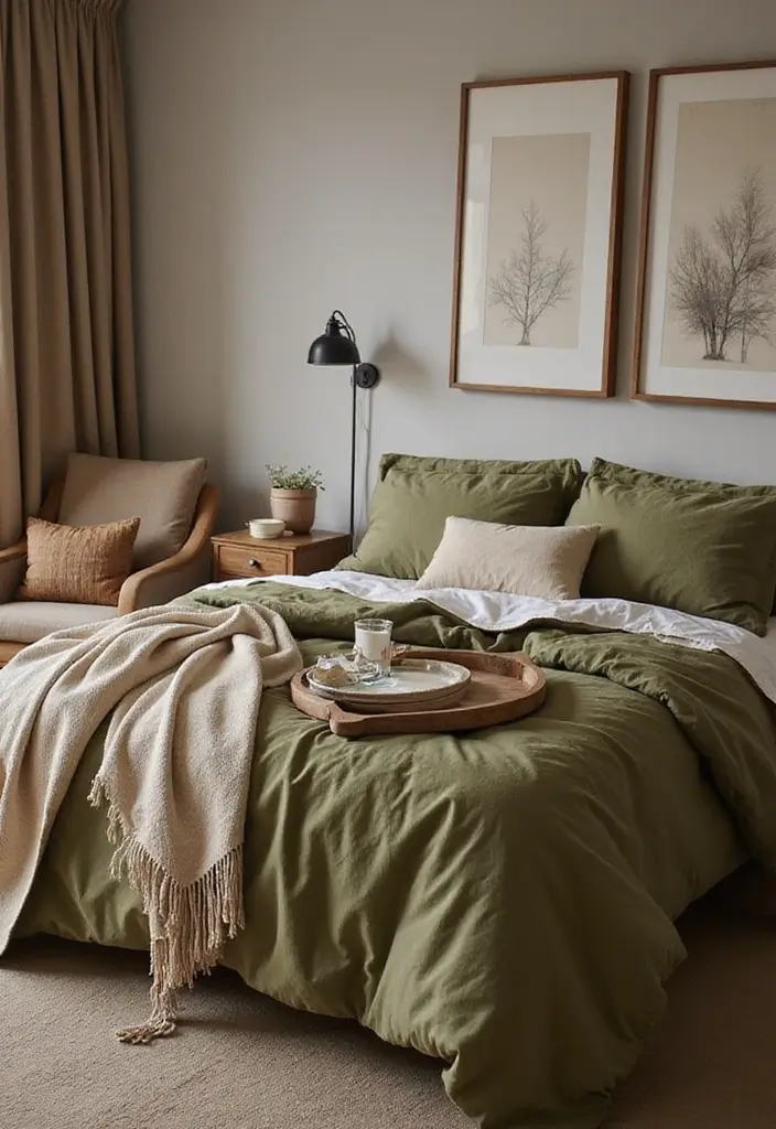 25 Green Comforter Bedroom Ideas That Feel Peaceful & Cozy 4 25 Green Comforter Bedroom Ideas That Feel Peaceful & Cozy - 3. Earthy Olive Tones