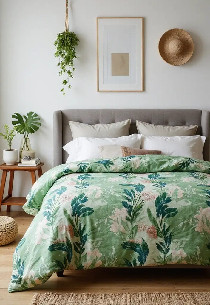 25 Green Comforter Bedroom Ideas That Feel Peaceful & Cozy 7 25 Green Comforter Bedroom Ideas That Feel Peaceful & Cozy - 6. Botanical Patterns