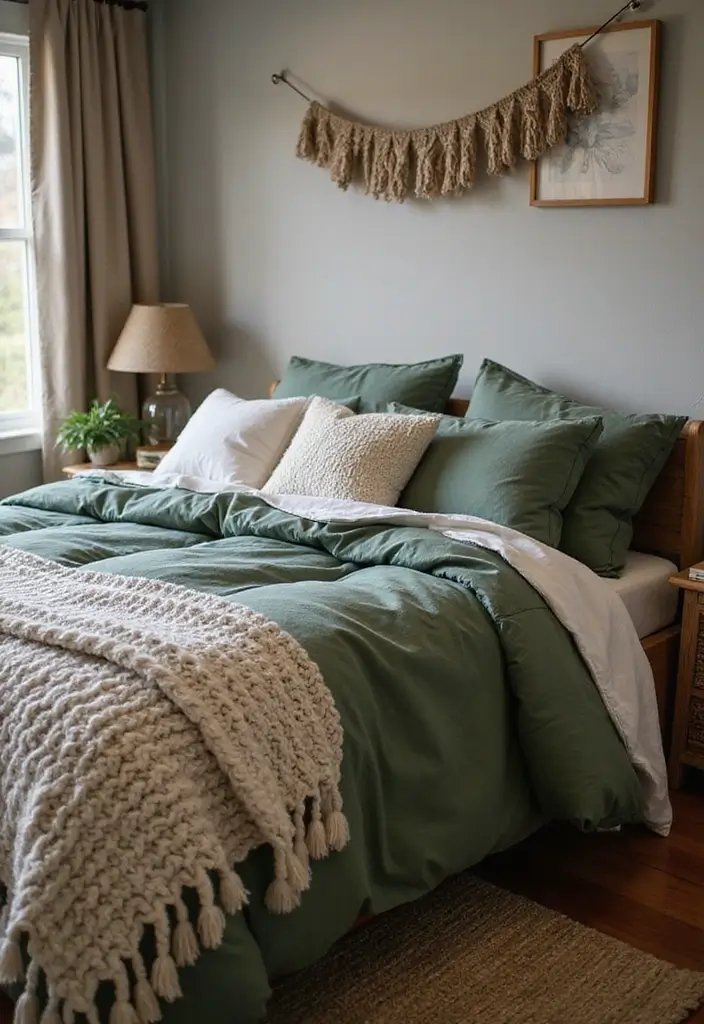 25 Green Comforter Bedroom Ideas That Feel Peaceful & Cozy 8 25 Green Comforter Bedroom Ideas That Feel Peaceful & Cozy - 7. Layered Textures