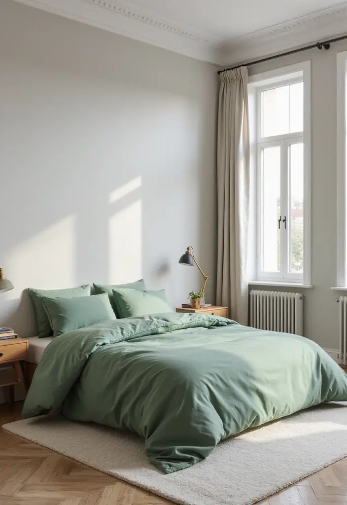 25 Green Comforter Bedroom Ideas That Feel Peaceful & Cozy 9 25 Green Comforter Bedroom Ideas That Feel Peaceful & Cozy - 8. Minimalist Green