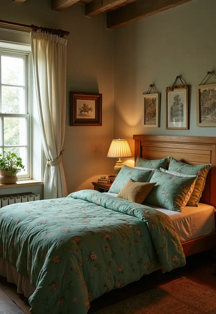 25 Green Comforter Bedroom Ideas That Feel Peaceful & Cozy 10 25 Green Comforter Bedroom Ideas That Feel Peaceful & Cozy - 9. Cottage Core Charm