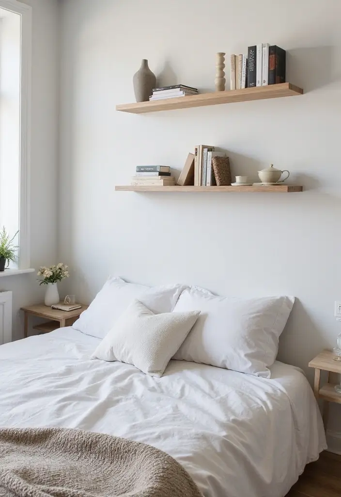25 Guest Bedroom Decor Ideas That Impress Instantly - 21. Minimalist Wall Shelving