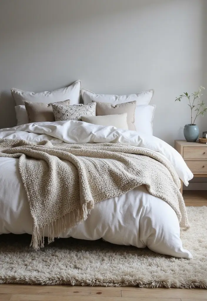 25 Neutral Bedroom Decor Ideas That Feel Cozy & Balanced - 2. Layered Textiles for Added Warmth