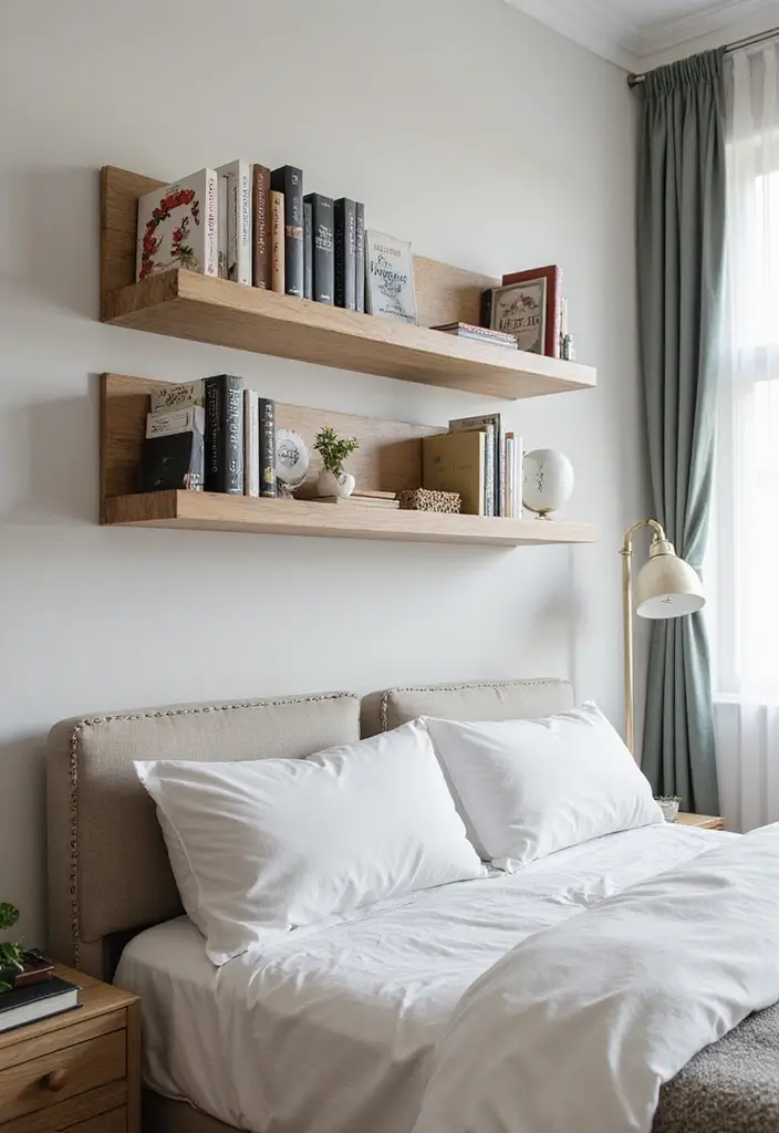 25 Neutral Bedroom Decor Ideas That Feel Cozy & Balanced - 23. Wall-mounted Shelves for Decor