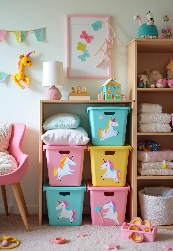 25 Unicorn Bedroom Ideas for Kid Rooms That Feel Magical - 14. Unicorn Themed Storage Bins