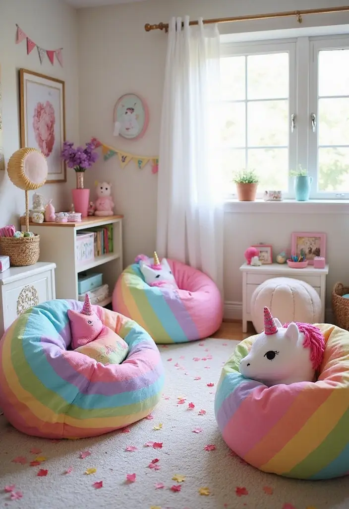 25 Unicorn Bedroom Ideas for Kid Rooms That Feel Magical - 16. Unicorn Themed Bean Bags