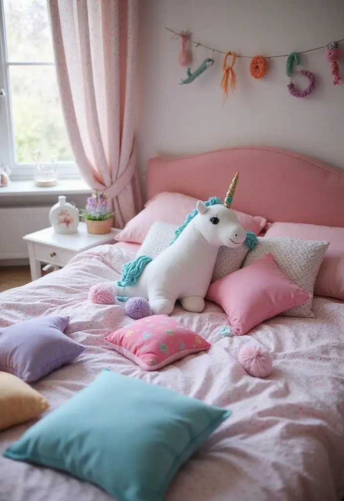 25 Unicorn Bedroom Ideas for Kid Rooms That Feel Magical - 20. Playful Unicorn Pillows