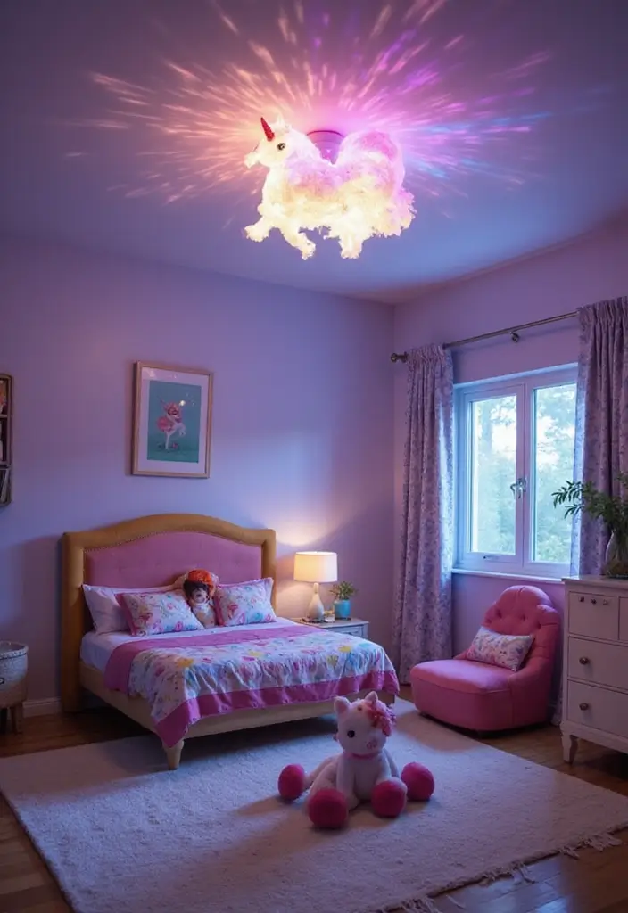 25 Unicorn Bedroom Ideas for Kid Rooms That Feel Magical - 24. Whimsical Unicorn Ceiling Lights