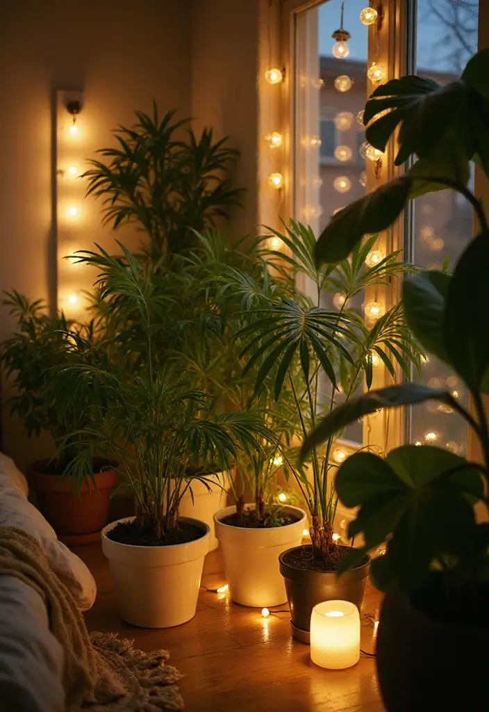25 Vines in Bedroom Ideas That Bring Nature Indoors - 23. Layered Lighting Around Plants