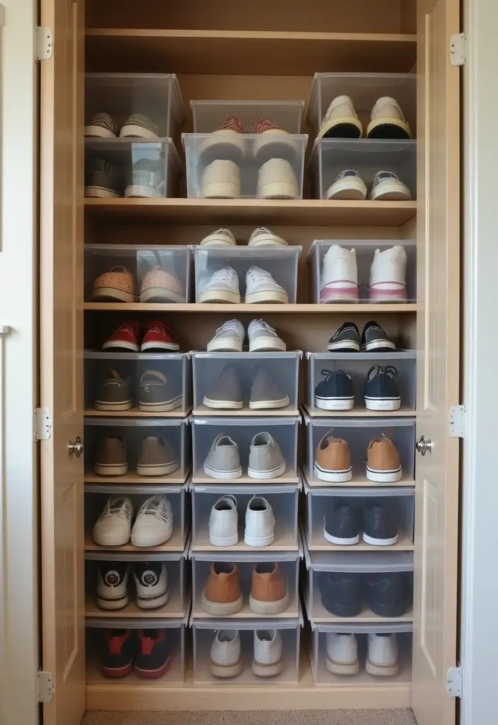 30 Bedroom Closet Organization Ideas That Keep Everything Neat - 20. Use Clear Shoe Boxes