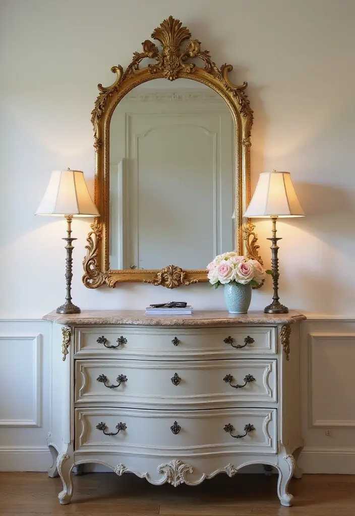 30 Bedroom Dressing Mirror Ideas That Add Light & Depth - 1. Ornate Gold Framed Mirror