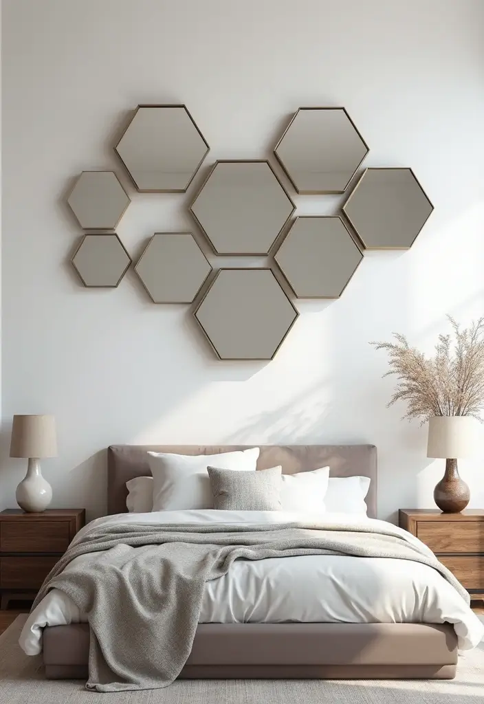 30 Bedroom Dressing Mirror Ideas That Add Light & Depth - 20. Hexagonal Mirrors