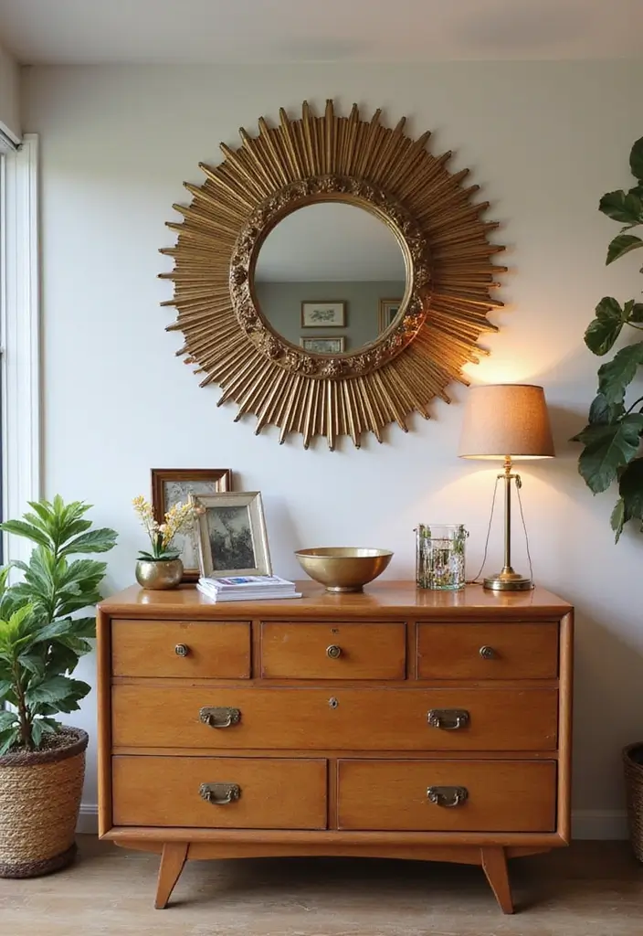 30 Bedroom Dressing Mirror Ideas That Add Light & Depth - 27. Vintage Sunburst Mirrors