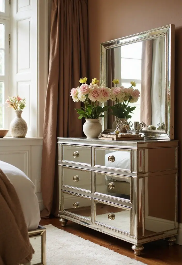 30 Bedroom Dressing Mirror Ideas That Add Light & Depth - 3. Mirrored Furniture