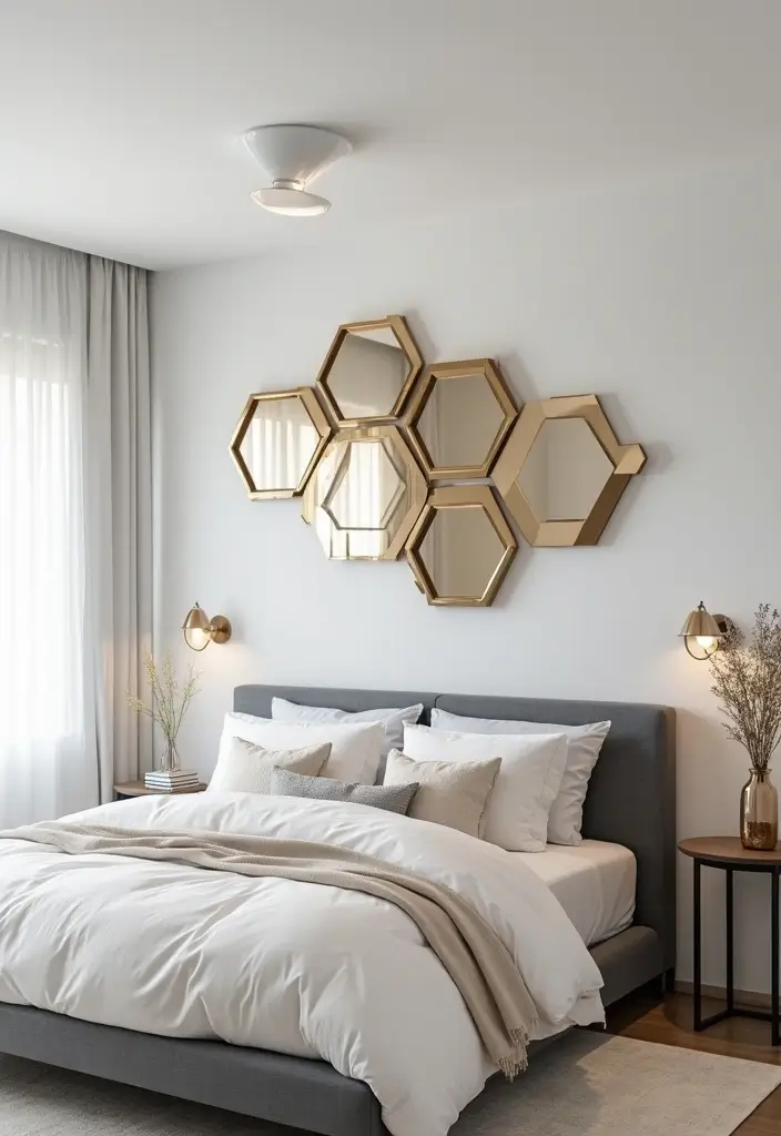 30 Bedroom Dressing Mirror Ideas That Add Light & Depth - 30. Hexagonal Wall Art Mirrors