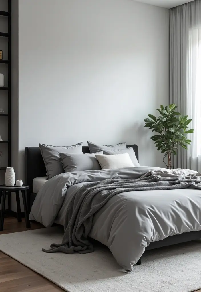 30 Bedroom Ideas with Grey Bed That Look Chic and Balanced - 1. Monochromatic Minimalism